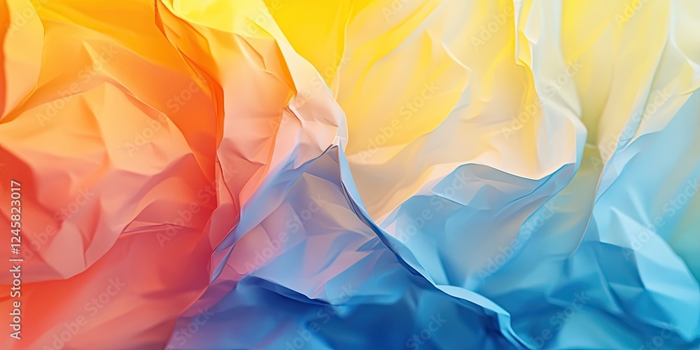Poster colorful crumpled paper background blending warm orange and yellow tones with cool blue hues in a dy