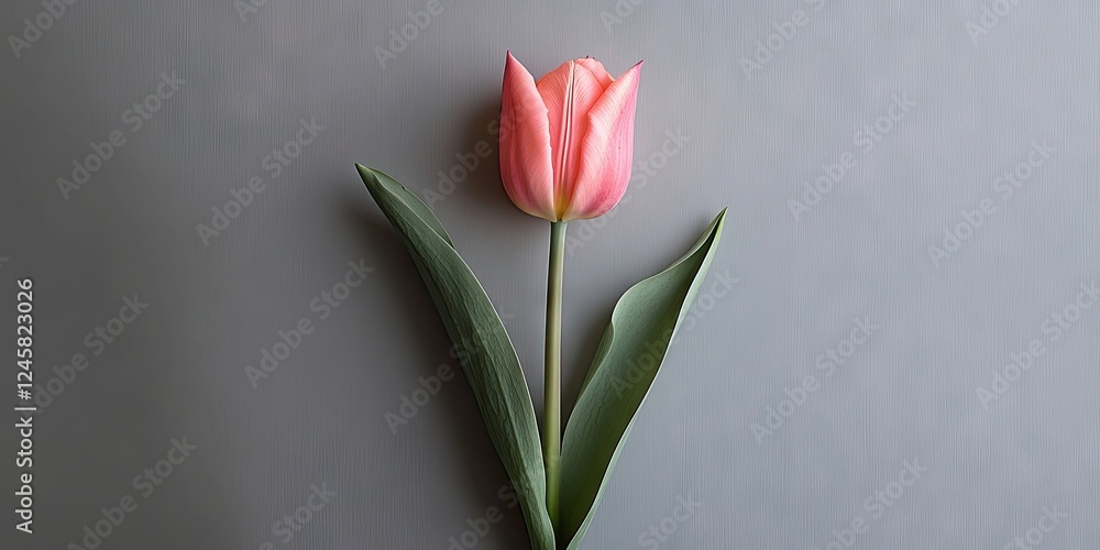 Poster single elegant pink tulip with three green leaves positioned centrally against a smooth light grey b