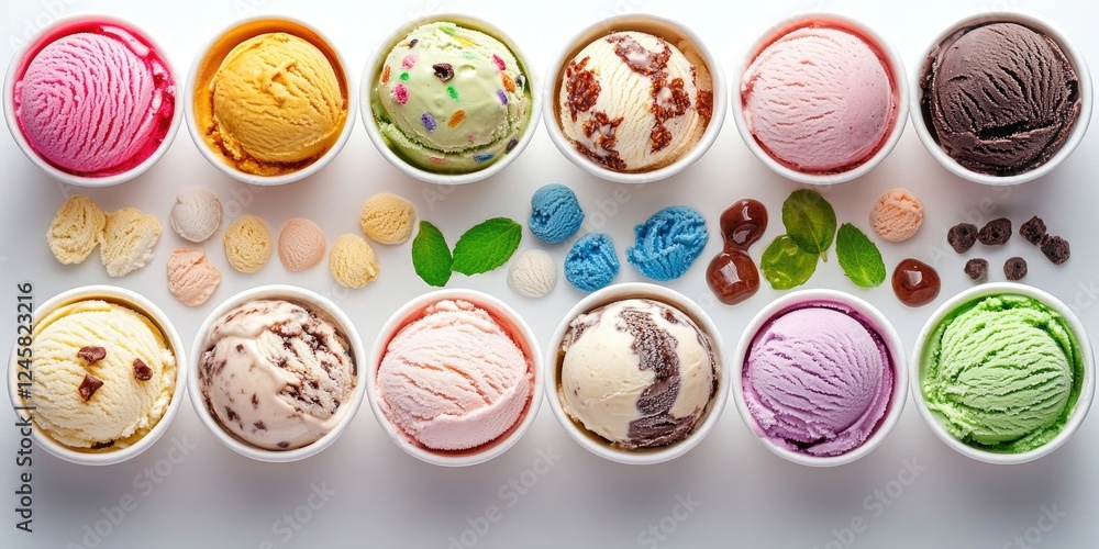 Aufkleber Array of colorful ice cream scoops in white cups arranged in two rows on a light background with green mint leaves and toppings providing a vibrant dessert display