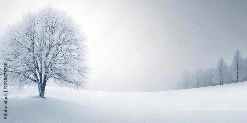 Poster serene winter scenery featuring a solitary bare tree on the left in a snowy field with soft gray fog