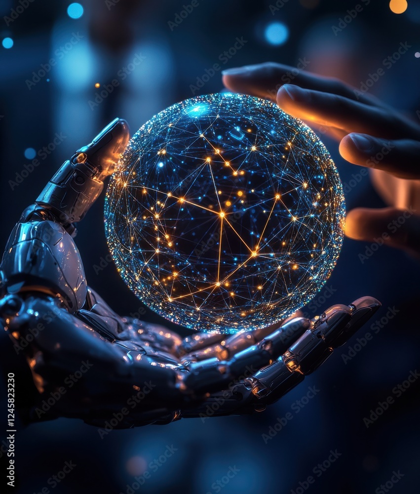 Poster futuristic interaction of human hand and robot hand holding a glowing digital sphere displaying netw