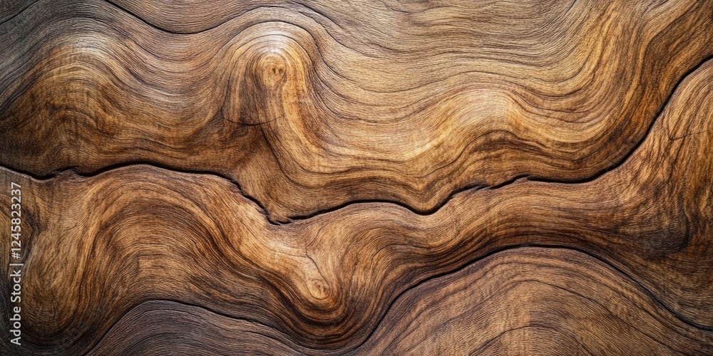 Poster Abstract wood texture background with swirling patterns in warm brown tones, showcasing intricate grain and natural elements in a close-up view.