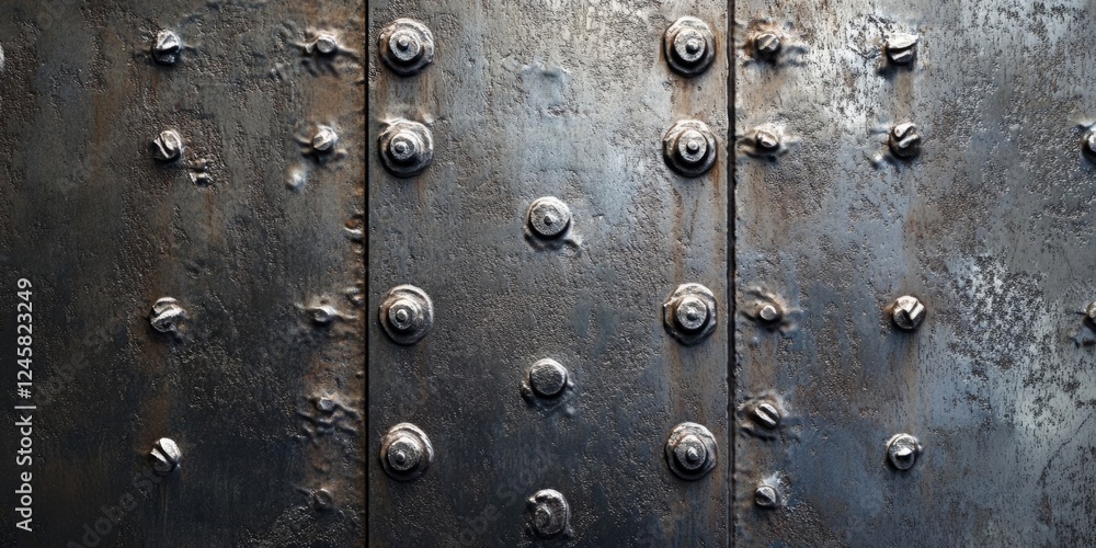 Poster close-up of textured steel panels with rivets in a dark metallic color, featuring a weathered surfac
