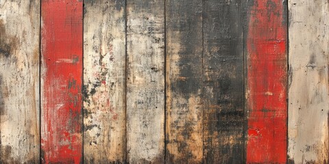 Textured rustic wood panel featuring a grunge finish with dark brown, cream, and bold red vertical stripes, creating a vintage, weathered appearance.