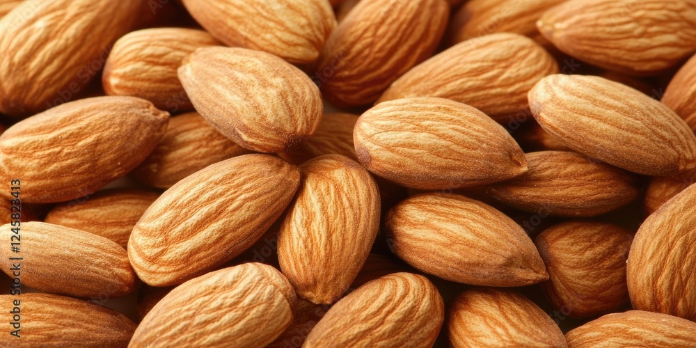 Poster Close-up view of numerous raw almond nuts arranged in a scattered pattern showcasing their textured brown shells with natural lighting accents.