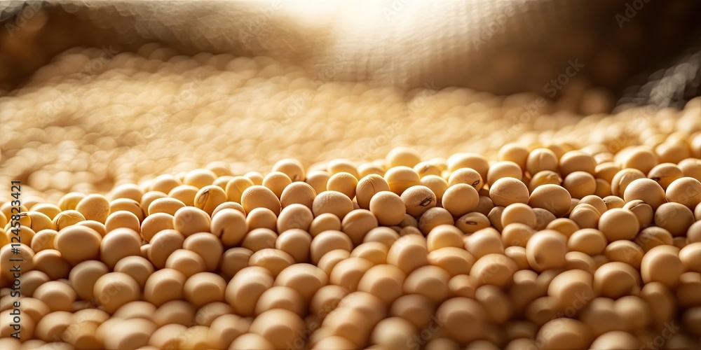 Poster Close-up of scattered yellow soybeans in a soft-focus background with warm lighting effects highlighting their texture and natural color.
