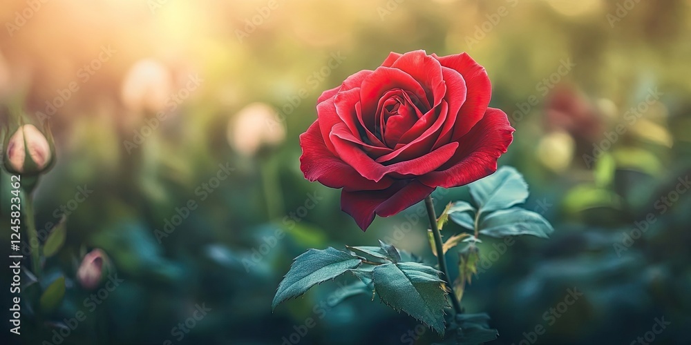Poster vibrant red rose in full bloom positioned centrally amidst lush green foliage with soft bokeh backgr