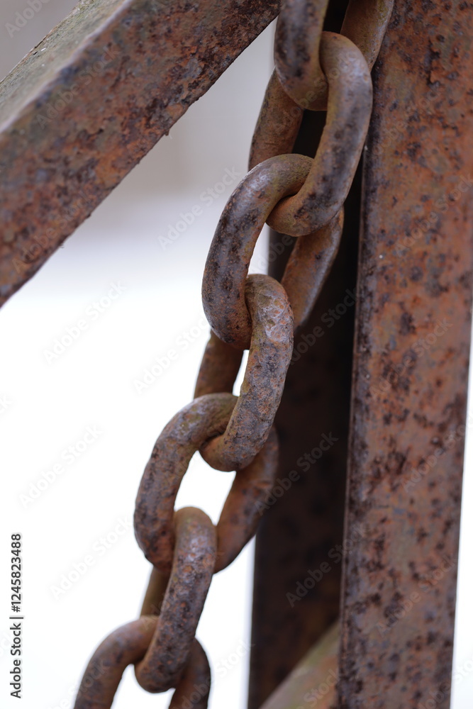 Poster a close-up view of a metal chain on a metal surface, with intricate details and texture.