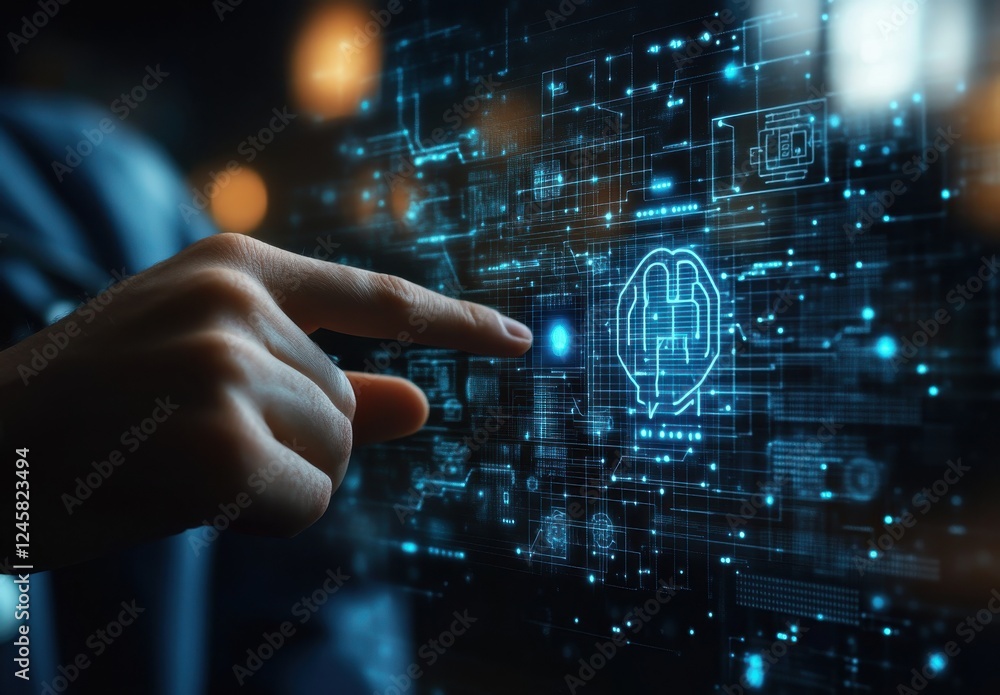 Aufkleber futuristic interface with human finger pointing at digital brain symbol representing artificial inte