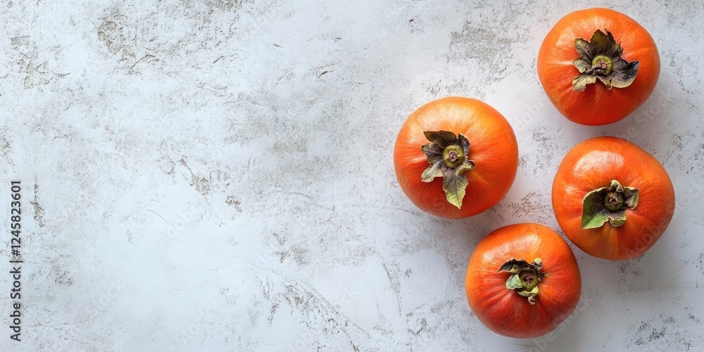 Poster four bright orange persimmons with green leaves arranged in a loose cluster on a textured light gray