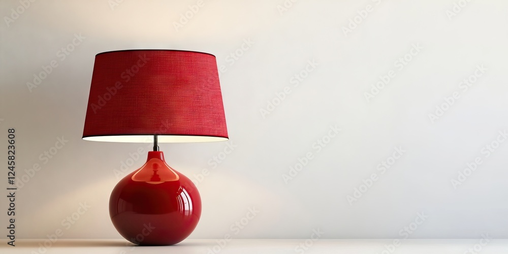 Poster Red modern table lamp with a round base and cylindrical shade positioned on a light surface against a plain wall, creating a minimalist aesthetic.