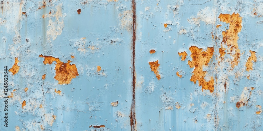 Poster rustic blue weathered metal surface with orange rust patches, featuring a vertical seam in the cente