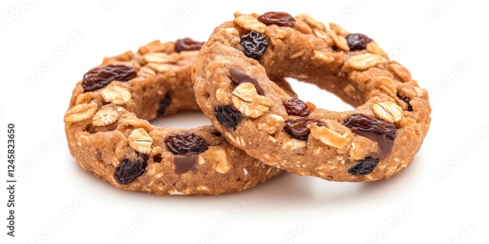 Aufkleber chocolate oat cookies with nuts and raisins arranged side by side on a clean white background highli