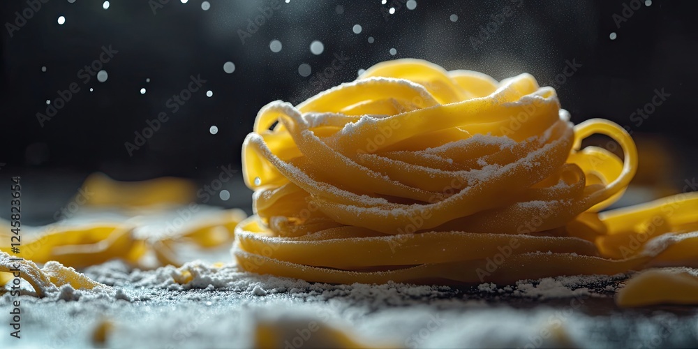 Aufkleber raw italian macaroni pasta elegantly arranged in a spiraled heap, dusted with flour, with soft yello