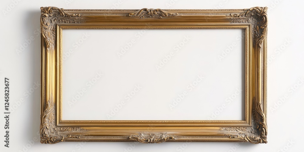 Poster empty vintage gold picture frame with ornate details placed horizontally on a plain white background