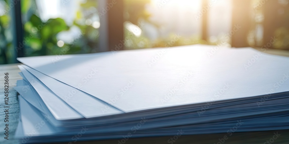 Poster stacks of blank white paper on a wooden table with sunlight filtering through a window greenery in t