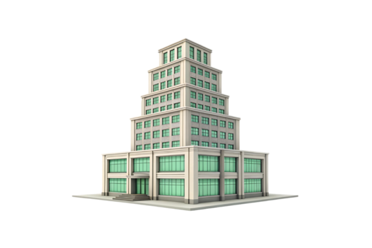A green-glassed building with a tiered design, each level smaller than the one below, atop a broad entrance, isolated on a transparent background - Powered by Adobe