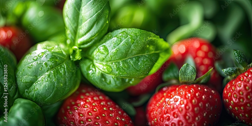 Poster fresh strawberries with glistening droplets surround vibrant green basil leaves in a macro shot, fea