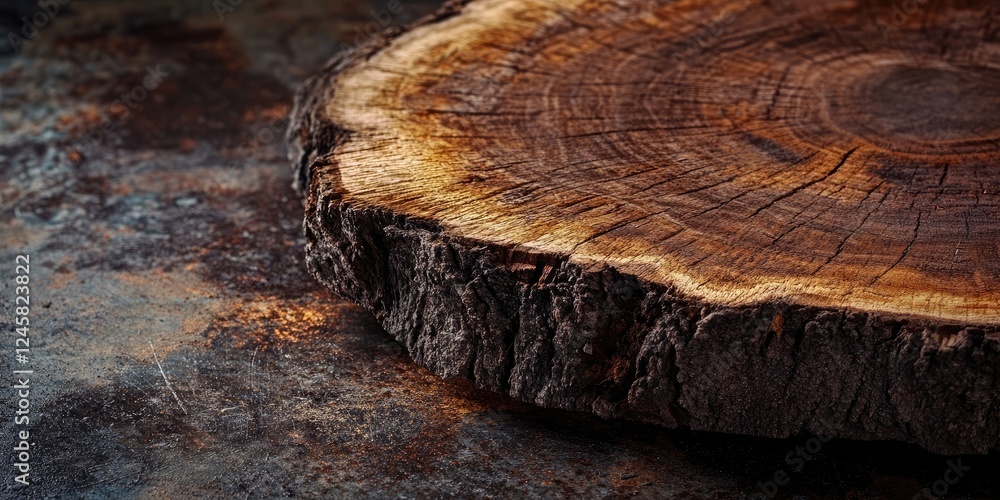 Poster rustic wooden tree stump on a textured dark background with warm brown tones highlighting the detail