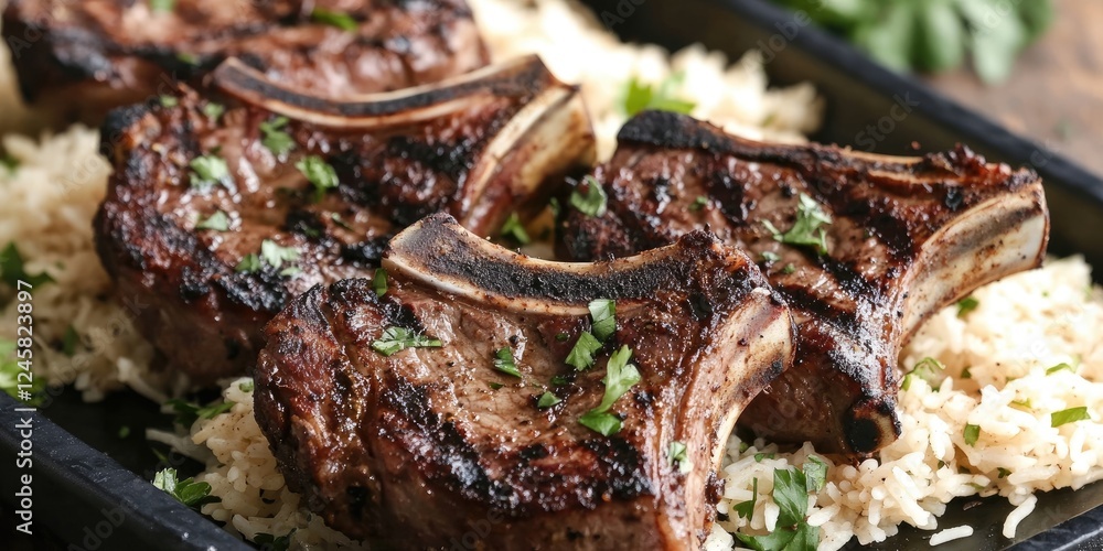 Aufkleber griddled lamb chops garnished with fresh herbs resting on a bed of flavorful rice create a mouthwate