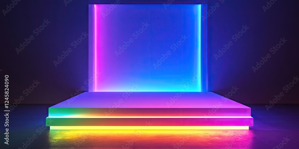 Poster illuminated empty podium in vibrant rainbow colors with a glowing background and colorful base posit