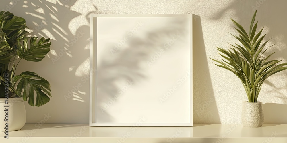 Poster Modern mockup featuring a white frame with a blank sheet centered against a soft beige wall complemented by green plants on either side.