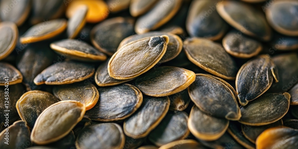 Poster close-up of various pumpkin seeds with dark brown and black hues scattered chaotically, highlighting