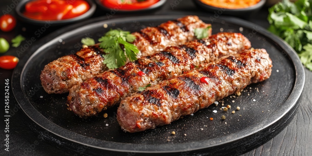 Poster grilled meat skewers garnished with fresh cilantro on a black stone plate surrounded by colorful sau
