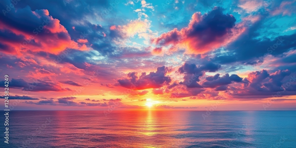 Poster vibrant sunset sky reflecting in calm sea with colorful clouds transitioning from orange to blue cre