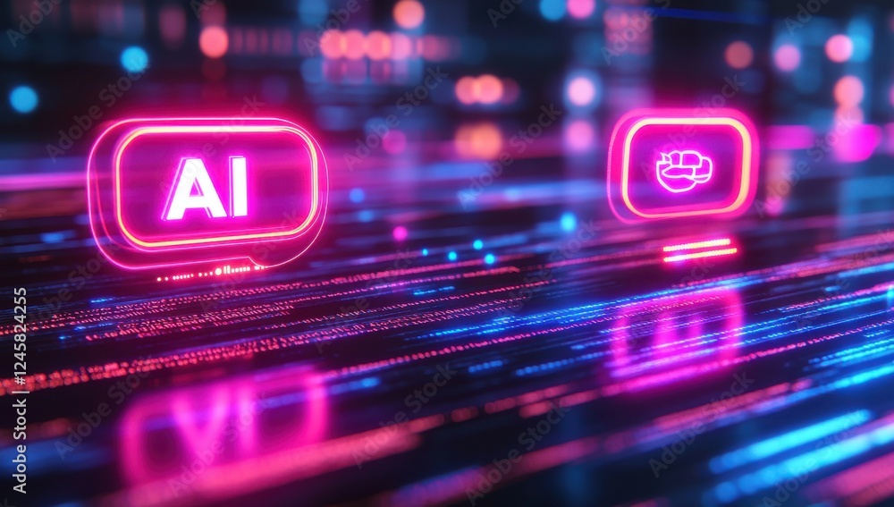 Poster futuristic neon display of ai technology with abstract data flow and digital icons representing arti