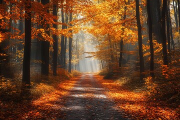 Fototapeta premium Autumnal forest path, sun rays, misty morning, fall foliage, nature scene