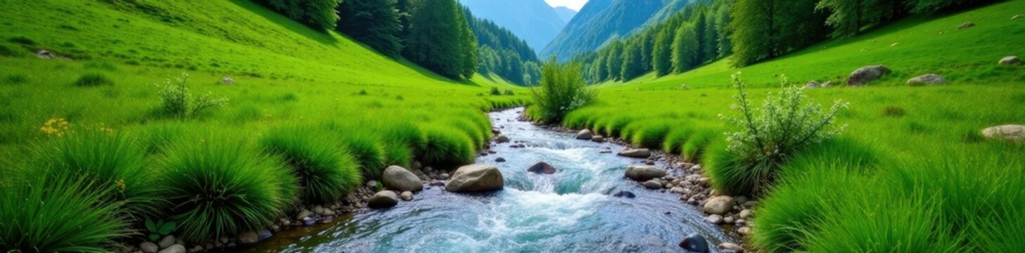 Mountain stream flowing through a lush green meadow, serenity, Caucasus, Teberda river