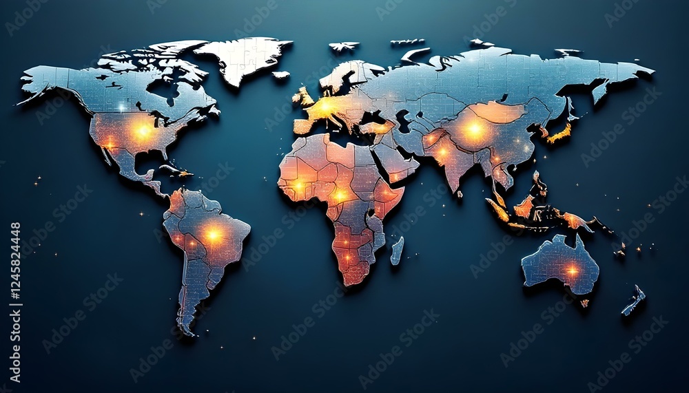 Poster global network map illuminated world map