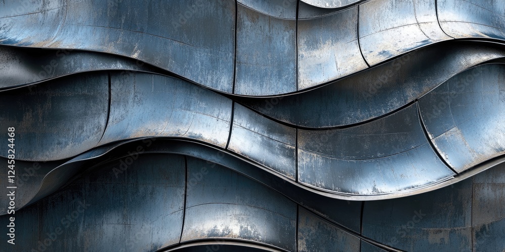Poster abstract metal sheet design with wavy textures in shades of blue and gray, showcasing depth and dime