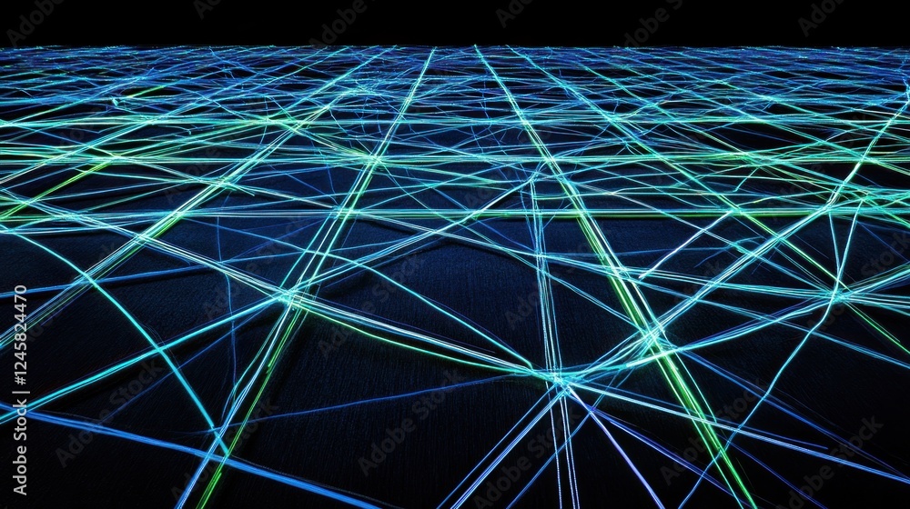 Poster glowing blue and green lines form a tech-inspired grid pattern against a dark background