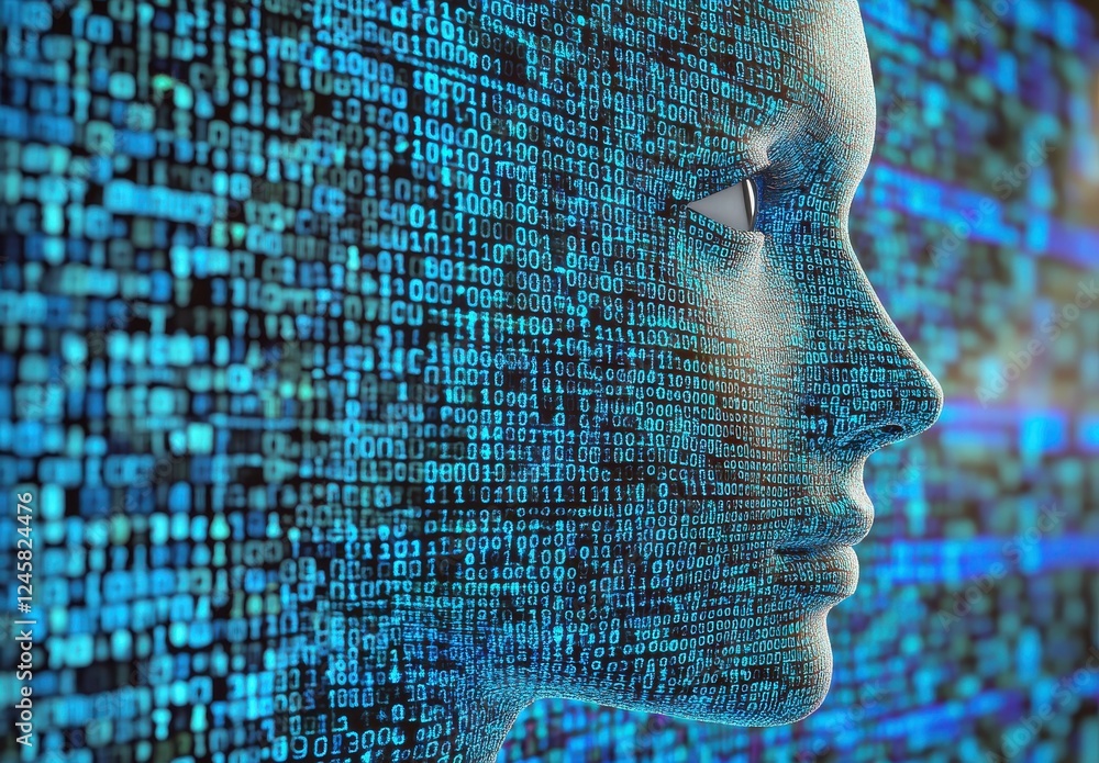 Poster futuristic portrait of a human face merged with digital data streams representing artificial intelli