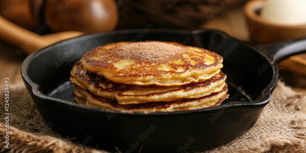 Poster golden fluffy pancakes stacked in a cast iron skillet, dusted with cinnamon, positioned center on a 