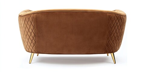 Elegant mid-century modern sofa in rich brown and tan upholstery, featuring diamond-patterned back, positioned on slender gold legs.