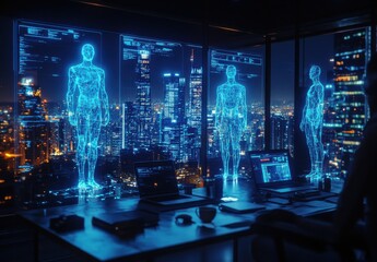 Obraz premium Futuristic office scene with holographic human figures showcasing technology in a city skyline at night with glowing screens and modern workspace ambiance