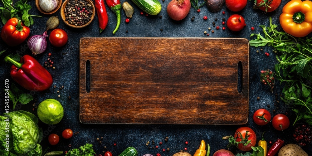 Poster vibrant assortment of fresh vegetables herbs and spices surrounding a rustic wooden cutting board in