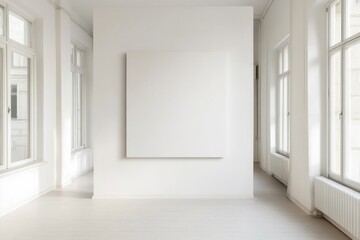 Fototapeta premium Minimalist interior space featuring a blank canvas against a bright, sunlit wall