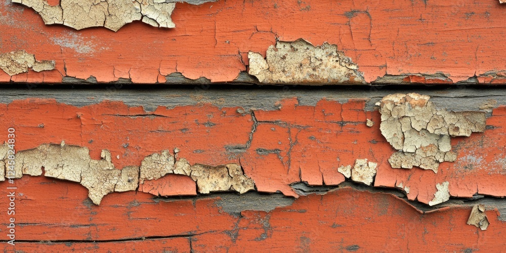 Aufkleber Peeling red paint on weathered wooden planks with visible cracks and textures creating a rustic and vintage background can be used for various designs.