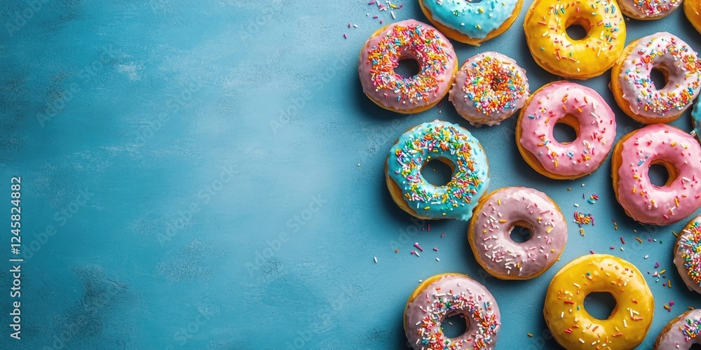 Poster colorful assortment of frosted donuts with sprinkles arranged on a blue background with a gradient f