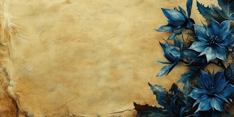 Textured aged paper background with blue sea holly flowers in the bottom right corner and warm beige tones throughout the image