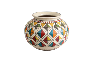 A spherical ceramic pot decorated with intricate, colorful geometric patterns, primarily triangles and diamonds, in vibrant red, blue, yellow, and green hues, isolated on a transparent background