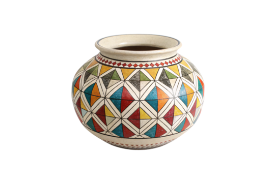 A spherical ceramic pot decorated with intricate, colorful geometric patterns, primarily triangles and diamonds, in vibrant red, blue, yellow, and green hues, isolated on a transparent background