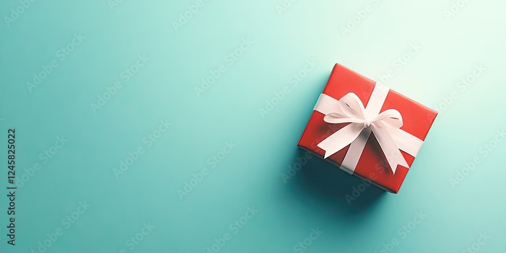 Poster red gift box with a white ribbon on a turquoise background, positioned in the top right corner, crea