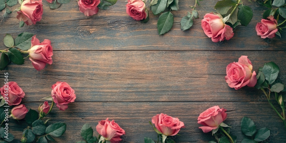 Poster soft pink roses arranged in a circular pattern on a rustic wooden background with green leaves enhan