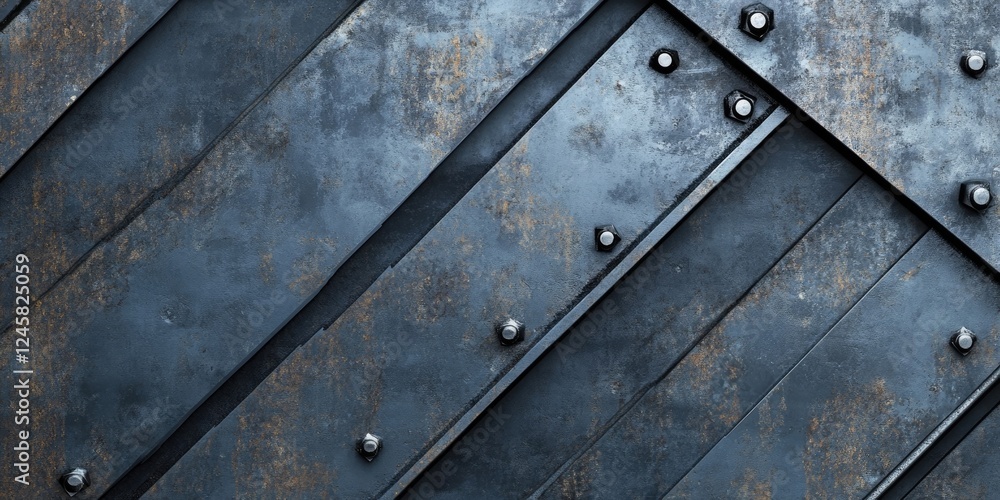 Poster abstract metallic sheet design with diagonal lines and rivets, featuring a textured blue-gray color 