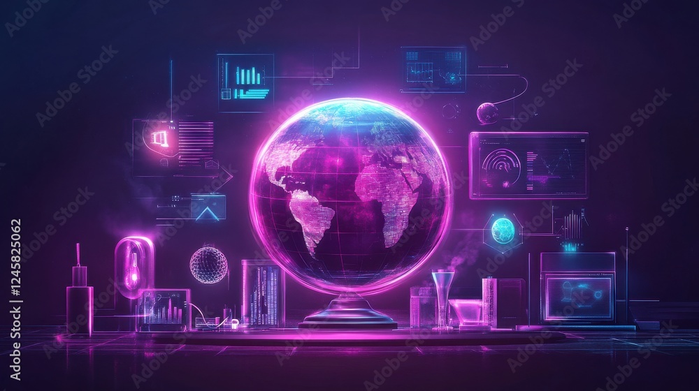 Poster futuristic global network visualization with data and analytics elements